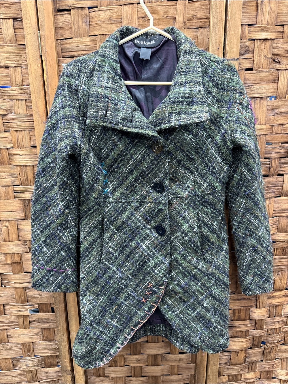 Desigual Olive Green Tweed Button-Front Pea Coat